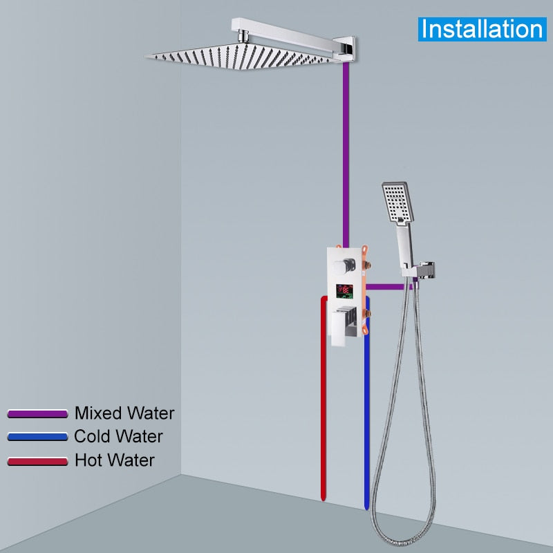 Digital Display Wall Mount Rainfall Shower Kit